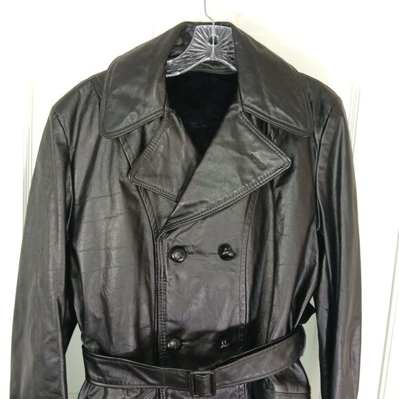 Vintage Mens Sz S Black Leather Trench Coat Removable Faux Fur Lining Old Money - Picture 6 of 16
